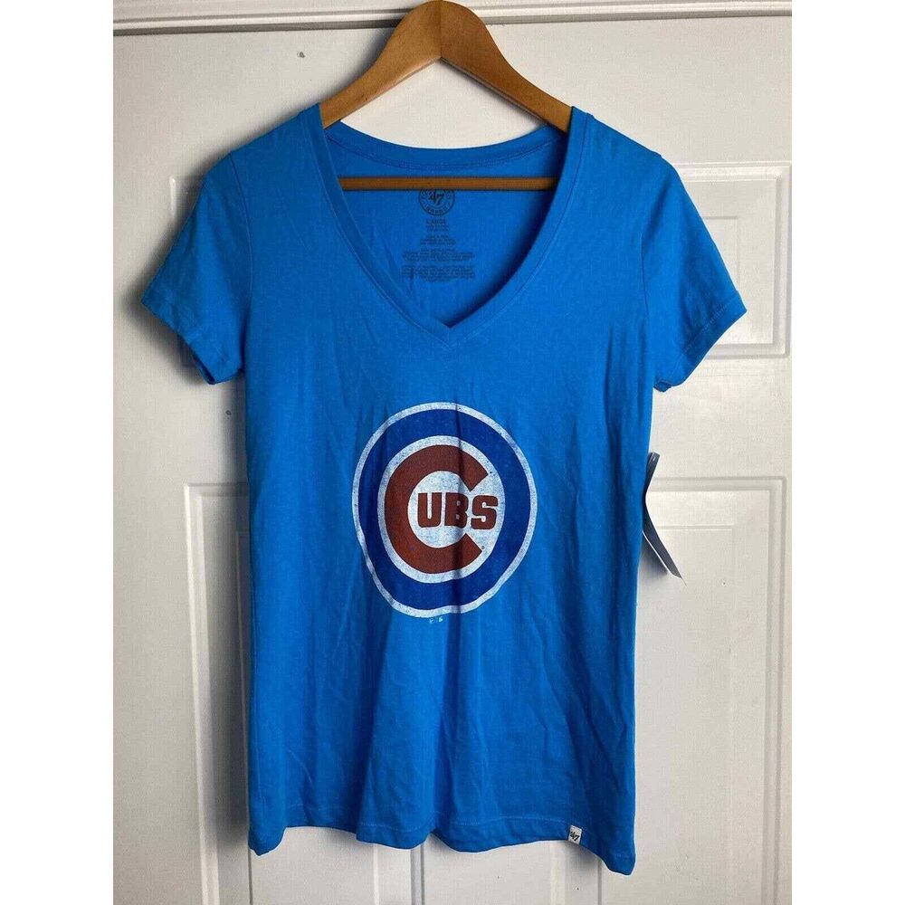 Chicago Cubs V Neck T Shirt Women's 1/2 Sleeve / '47 Brand Cotton Blend Large